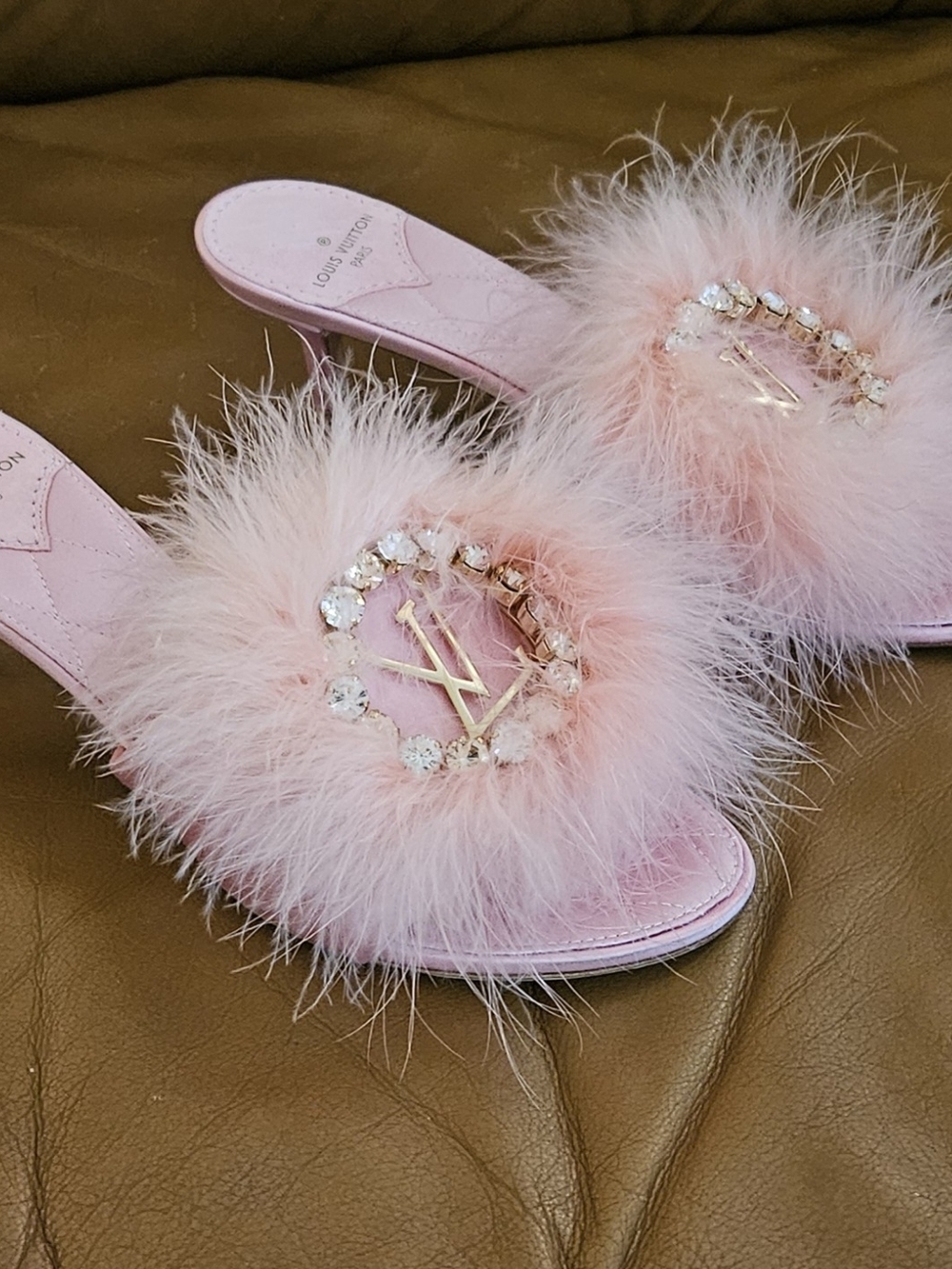 Louis Vuitton Pink Satin Fur High-End Luxury Mules Slide Size 4.5 US